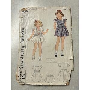 Vintage 1940's Simplicity Pattern #3440 Child's One-Piece Dress /Panties Size 4